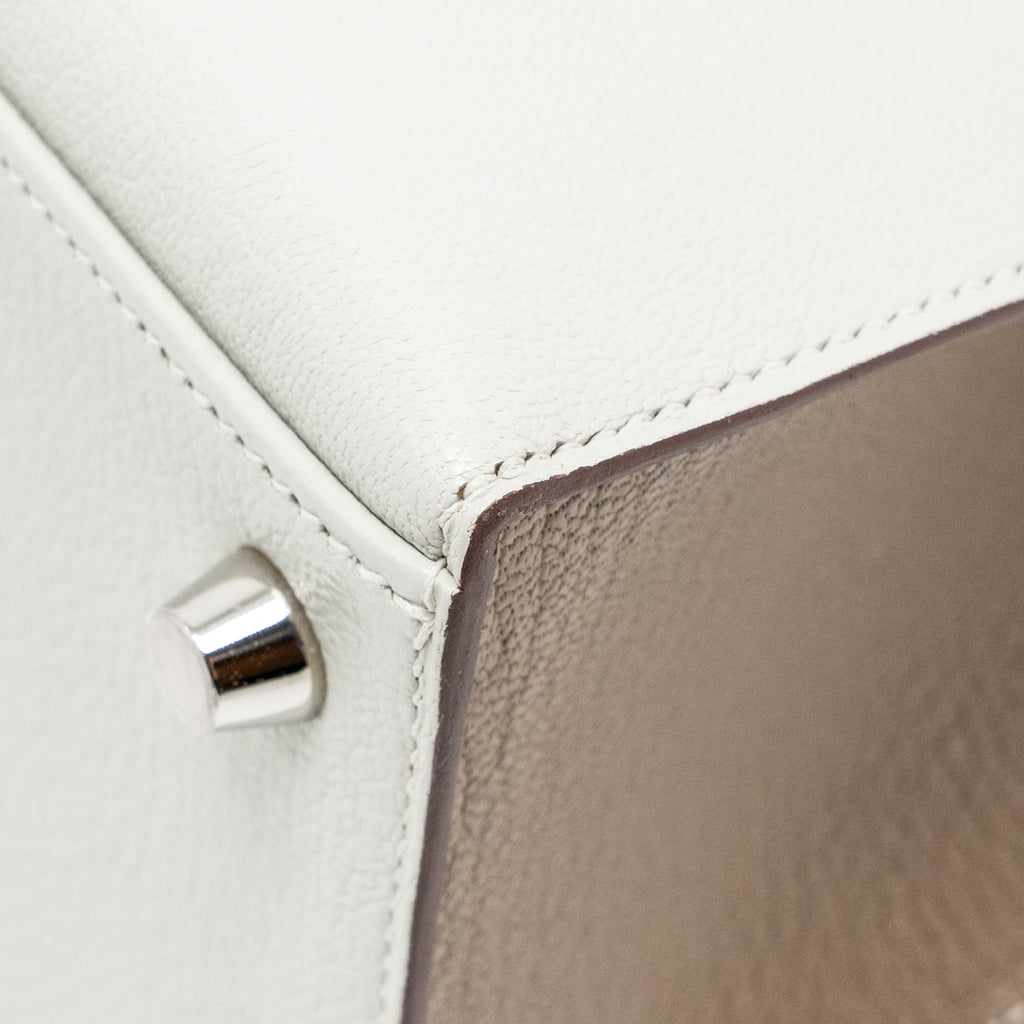 HERMES KELLY 25 SPECIAL ORDER CHÈVRE MYSORE GRIS PERLE/ETOUPE BRUSHED SHW