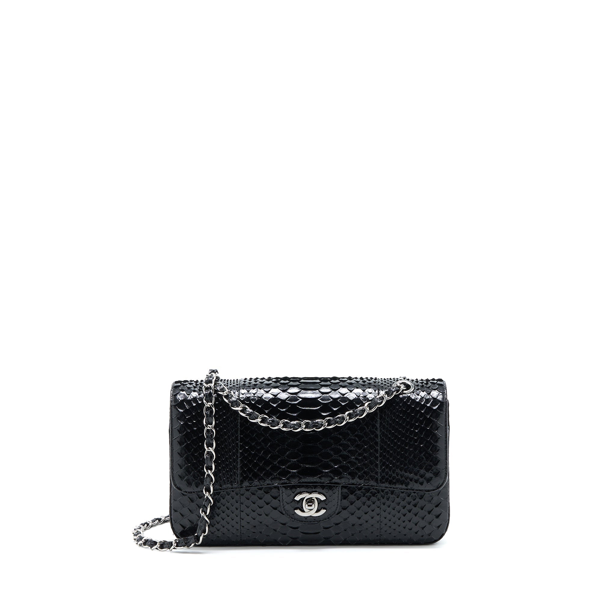 CHANEL MEDIUM CLASSIC DOUBLE FLAP BAG PYTHON BLACK SHW