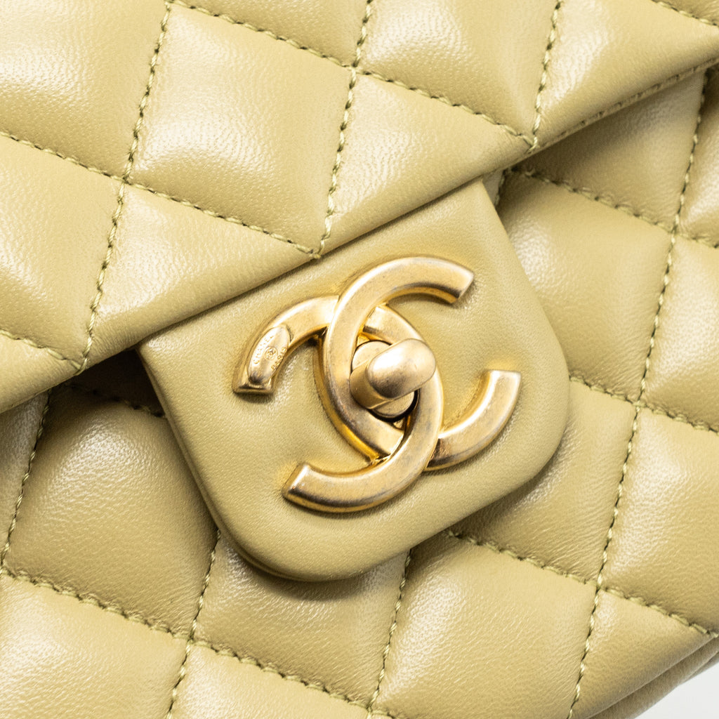 CHANEL QUILTED FLAP BAG WITH COCO LOVE CHAIN LAMBSKIN KHAKI GREEN GHW(MICROCHIP)