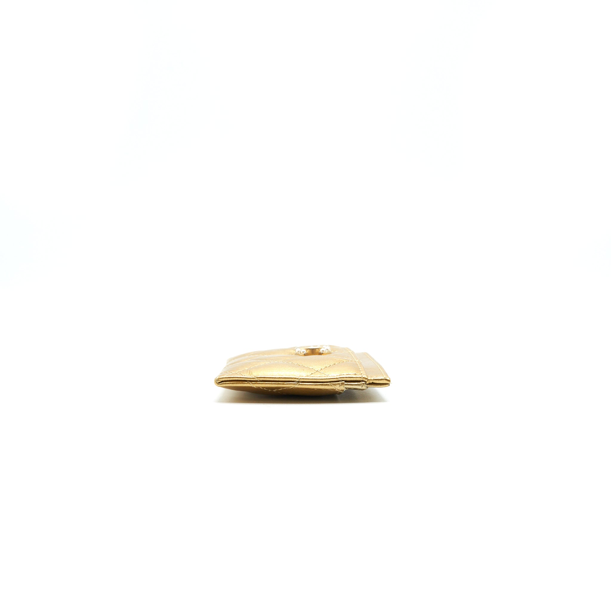 CHANEL QUILTED CARD HOLDER LAMBSKIN GOLD COLOUR WITH GOLD AND PEARL CC LOGO
