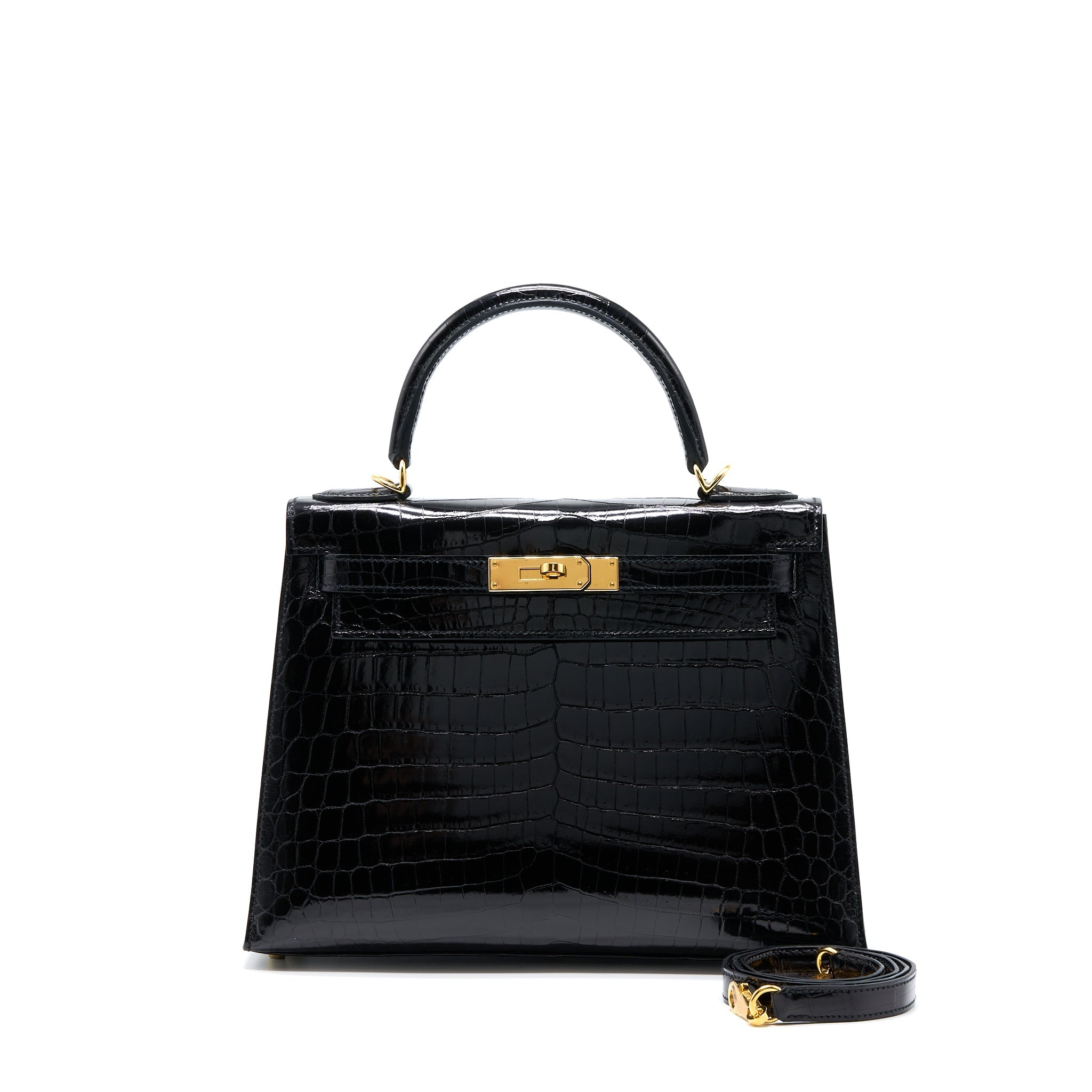 HERMES KELLY 28 SELLIER SHINY NILOTICUS CROCODILE BLACK GHW
