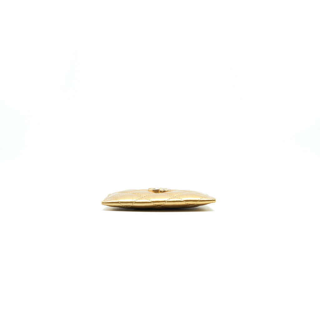CHANEL QUILTED CARD HOLDER LAMBSKIN GOLD COLOUR WITH GOLD AND PEARL CC LOGO