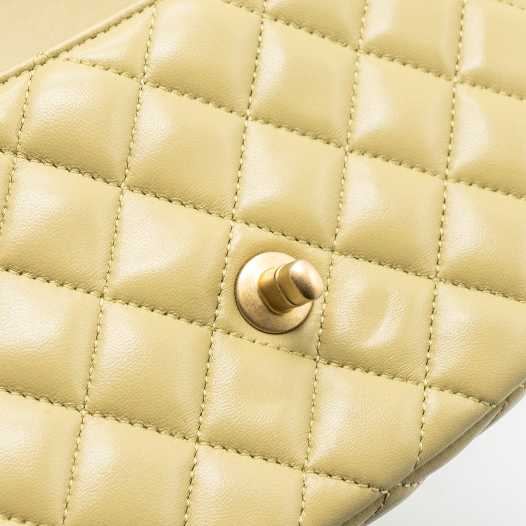 CHANEL QUILTED FLAP BAG WITH COCO LOVE CHAIN LAMBSKIN KHAKI GREEN GHW(MICROCHIP)