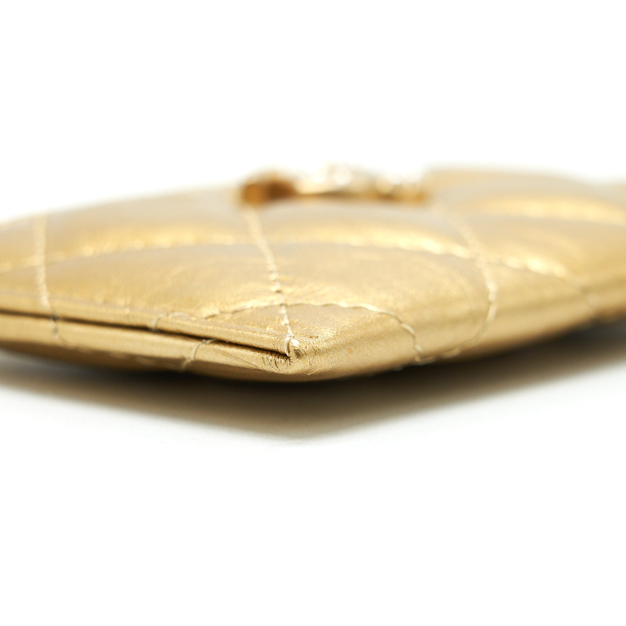 CHANEL QUILTED CARD HOLDER LAMBSKIN GOLD COLOUR WITH GOLD AND PEARL CC LOGO