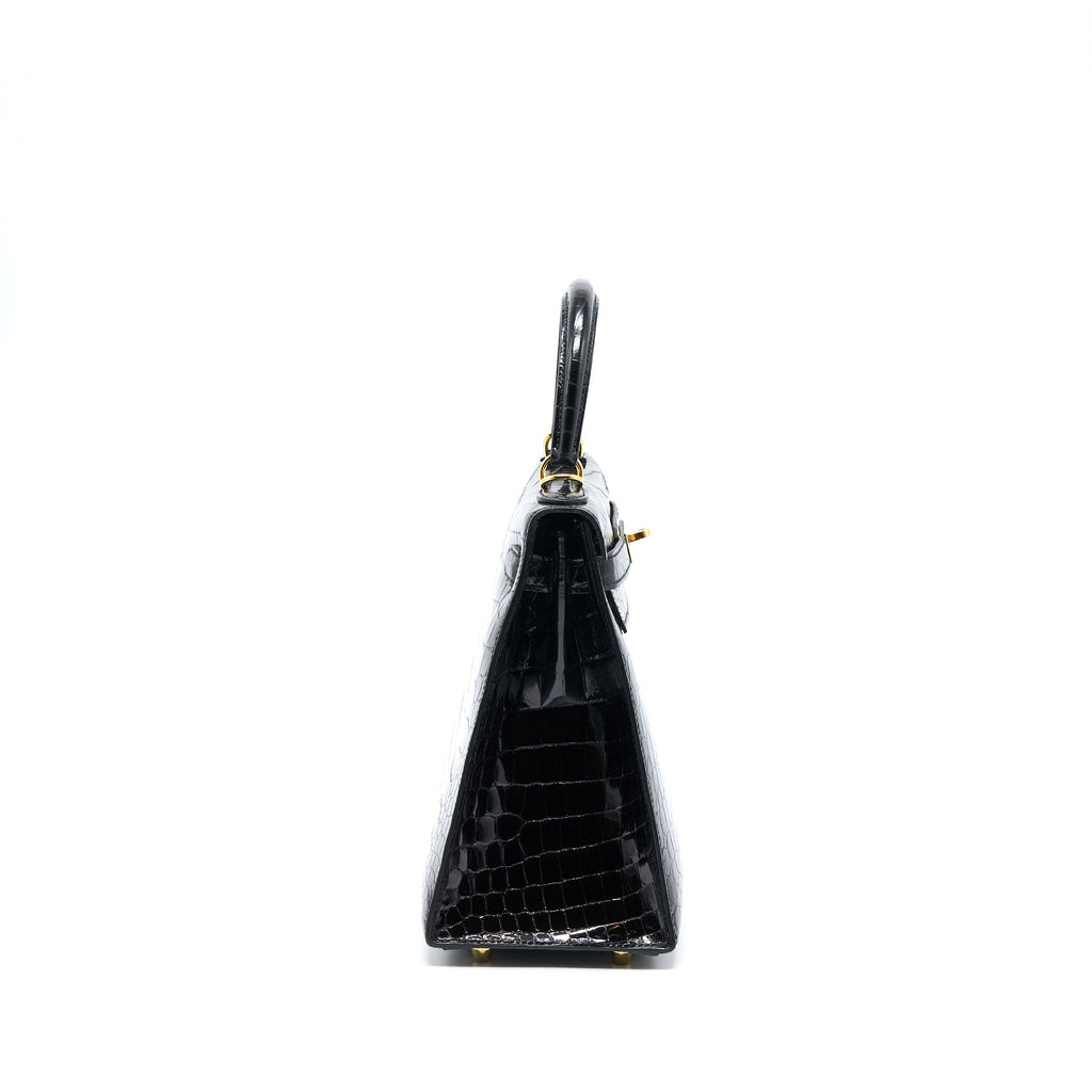 HERMES KELLY 28 SELLIER SHINY NILOTICUS CROCODILE BLACK GHW