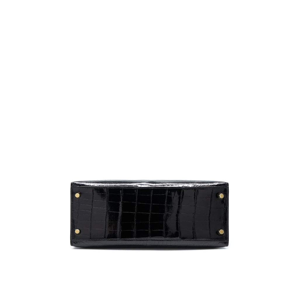 HERMES KELLY 28 SELLIER SHINY NILOTICUS CROCODILE BLACK GHW