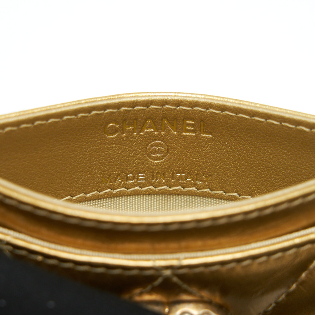 CHANEL QUILTED CARD HOLDER LAMBSKIN GOLD COLOUR WITH GOLD AND PEARL CC LOGO