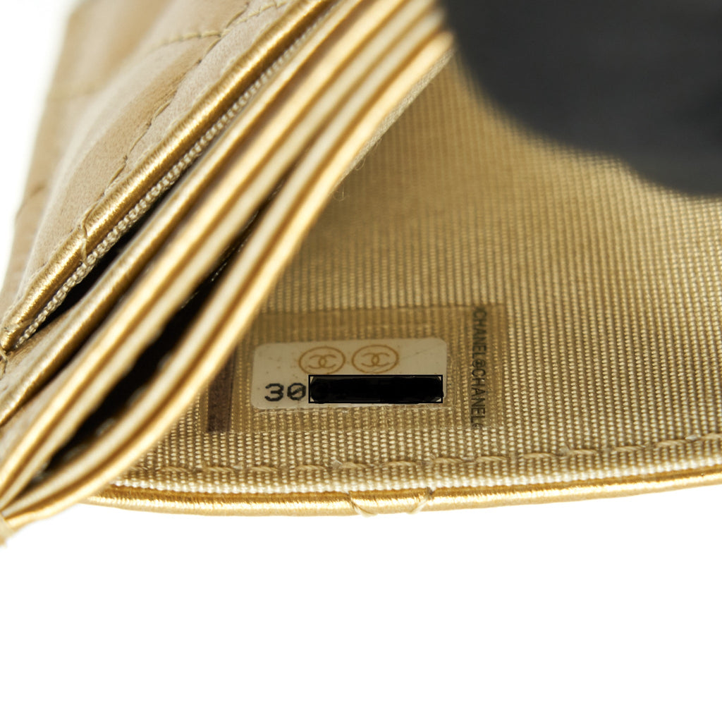 CHANEL QUILTED CARD HOLDER LAMBSKIN GOLD COLOUR WITH GOLD AND PEARL CC LOGO
