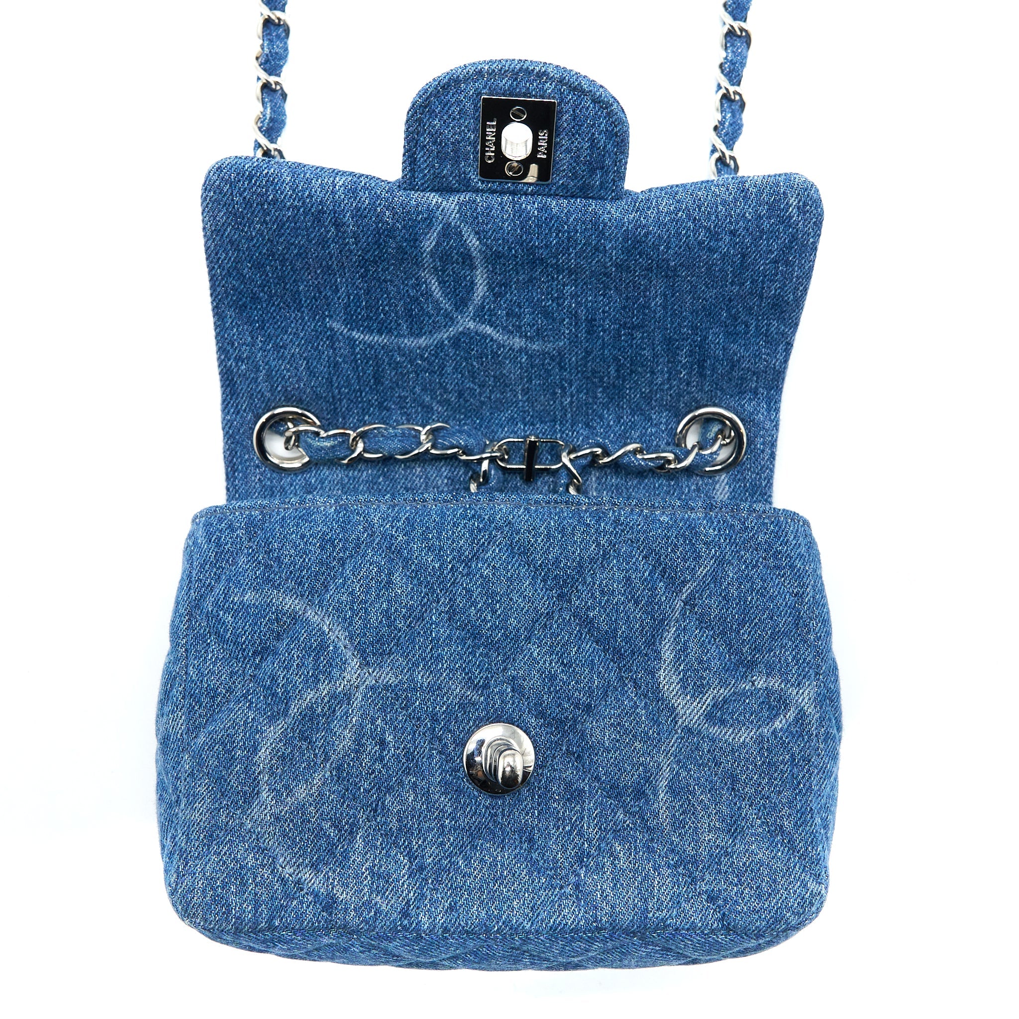 CHANEL 20B MINI SQUARE FLAP BAG CC PRINT DENIM BLUE SHW