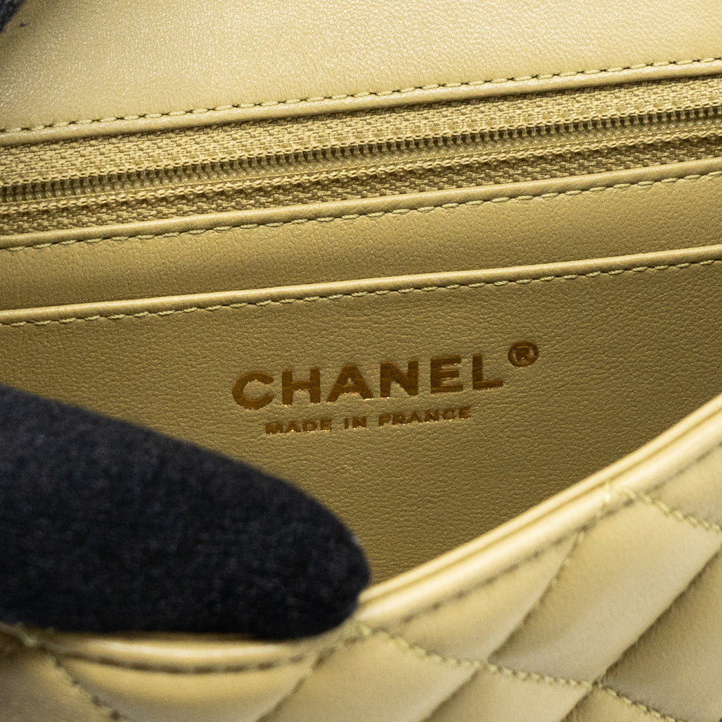 CHANEL QUILTED FLAP BAG WITH COCO LOVE CHAIN LAMBSKIN KHAKI GREEN GHW(MICROCHIP)