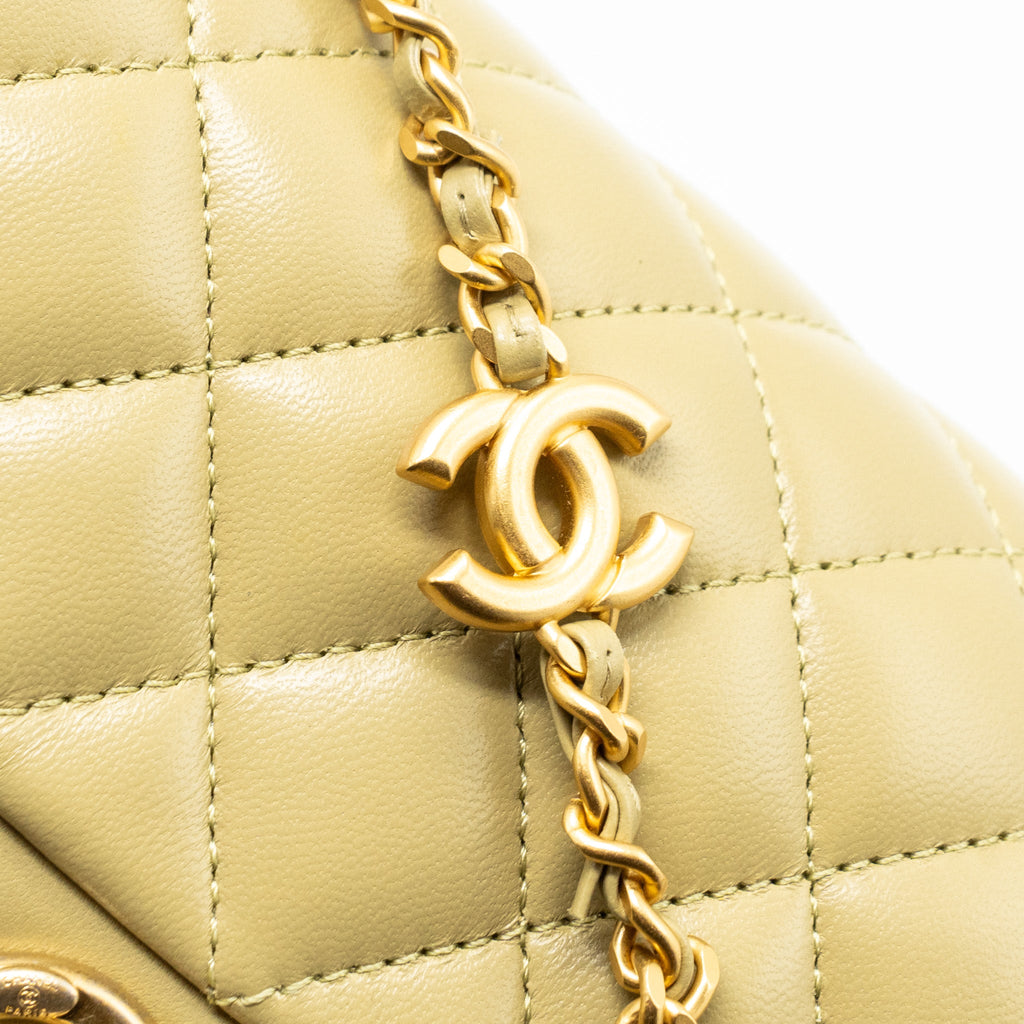 CHANEL QUILTED FLAP BAG WITH COCO LOVE CHAIN LAMBSKIN KHAKI GREEN GHW(MICROCHIP)