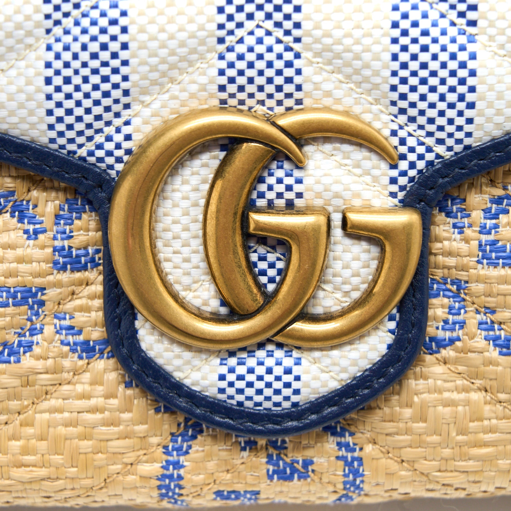 GUCCI GG MARMONT FLAP BAG MATELASSE RAFFIA BLUE/MULTICOLOUR BRUSHED GHW