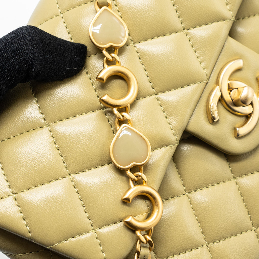 CHANEL QUILTED FLAP BAG WITH COCO LOVE CHAIN LAMBSKIN KHAKI GREEN GHW(MICROCHIP)