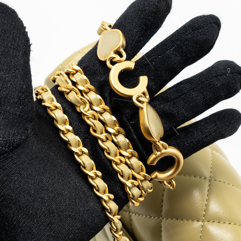 CHANEL QUILTED FLAP BAG WITH COCO LOVE CHAIN LAMBSKIN KHAKI GREEN GHW(MICROCHIP)
