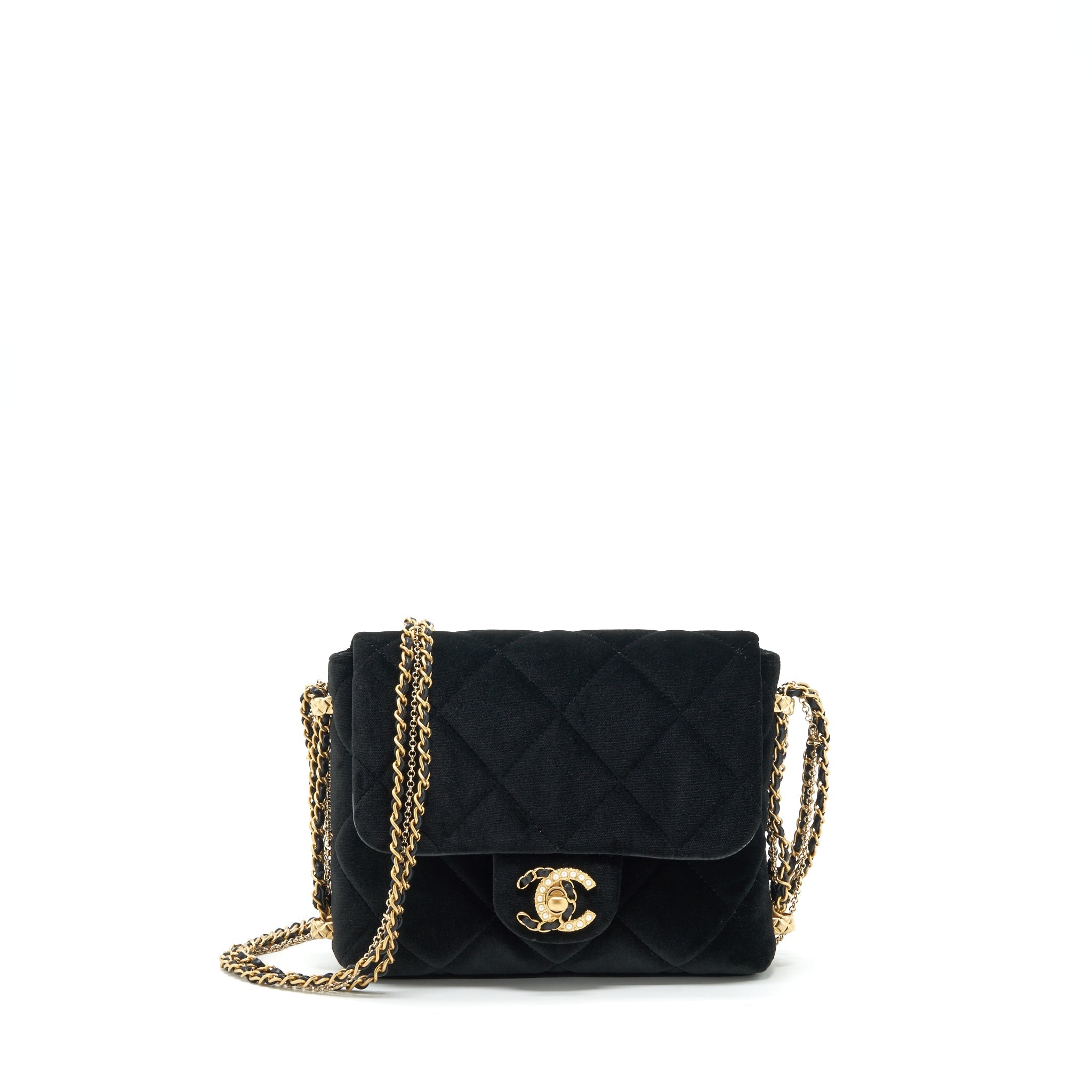 CHANEL FLAP BAG LEATHER CHAIN/PEARL BUCKLE VELVET BLACK GHW