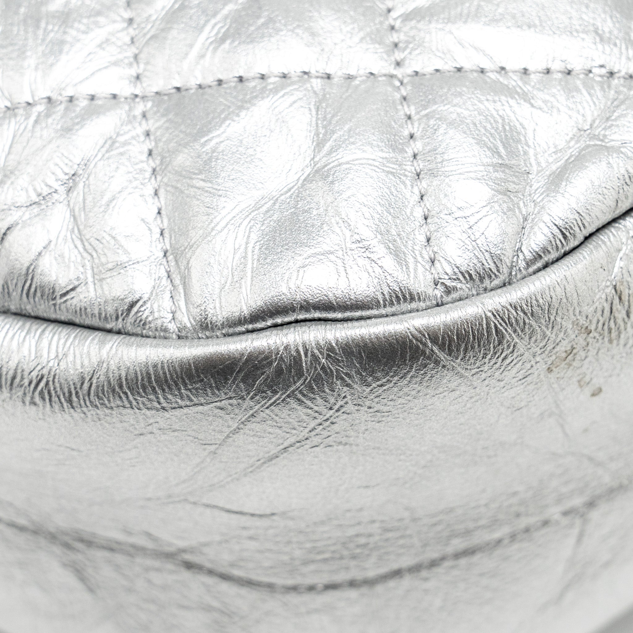 CHANEL 31 BAG QUILTED CRUMPLED CALFSKIN METALLIC SILVER SHW