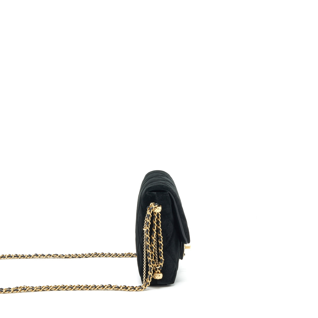 CHANEL FLAP BAG LEATHER CHAIN/PEARL BUCKLE VELVET BLACK GHW