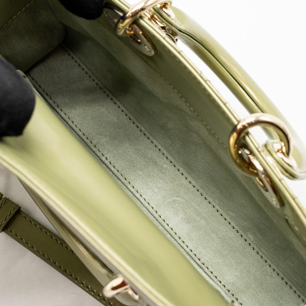 DIOR SMALL LADY D-JOY BAG CANNAGE PATENT LEATHER IRIDESCENT GREEN LGHW