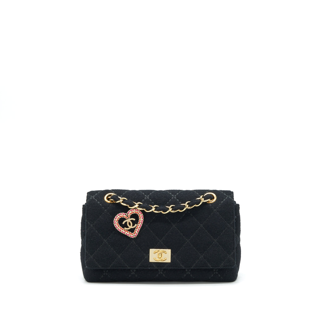 CHANEL VINTAGE SHOULDER BAG FABRIC BLACK GHW WITH AN EXTRA BAG CHARM