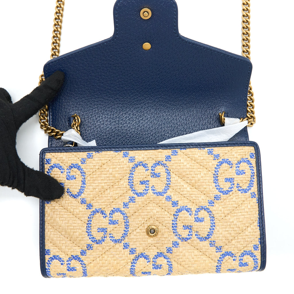 GUCCI GG MARMONT FLAP BAG MATELASSE RAFFIA BLUE/MULTICOLOUR BRUSHED GHW