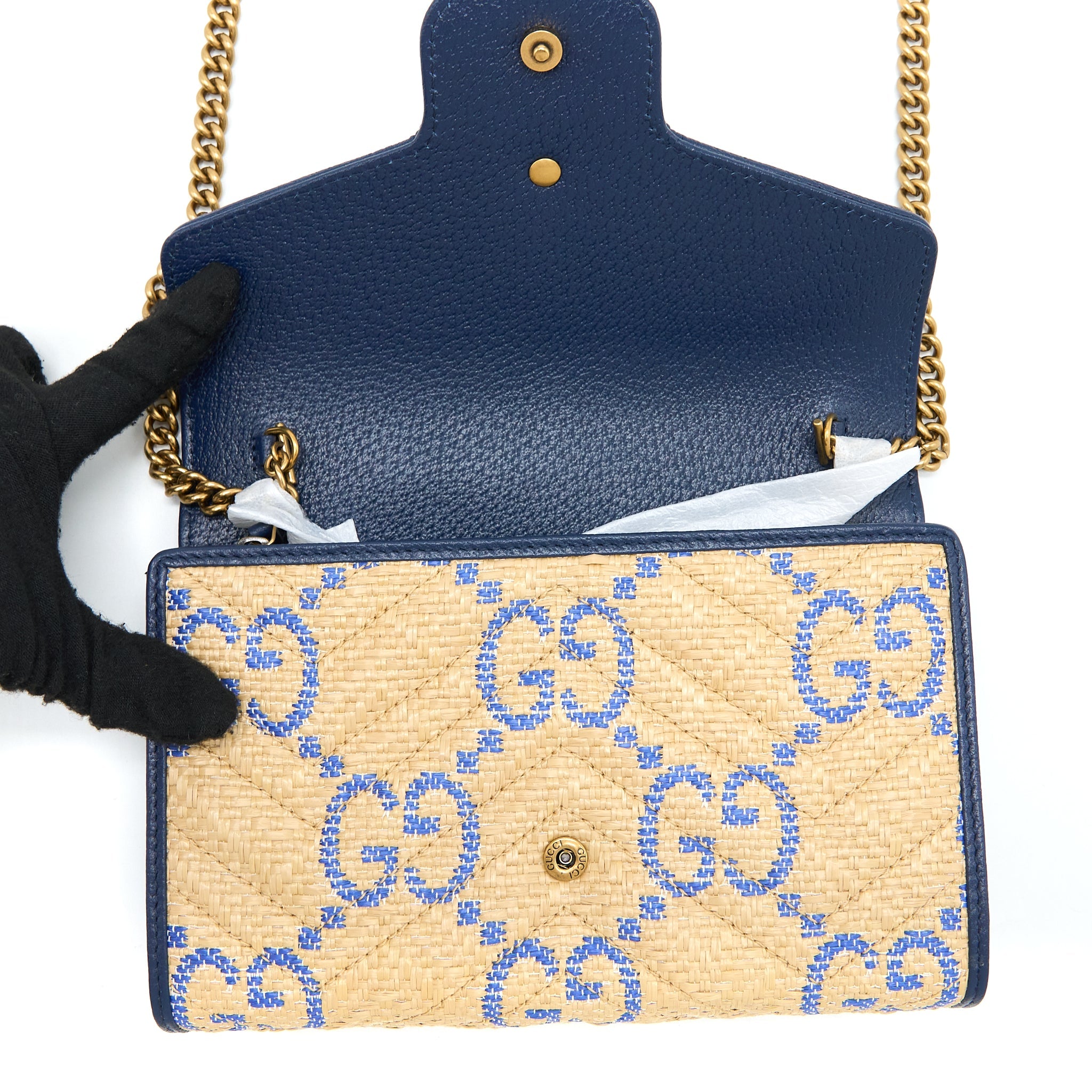 GUCCI GG MARMONT FLAP BAG MATELASSE RAFFIA BLUE/MULTICOLOUR BRUSHED GHW