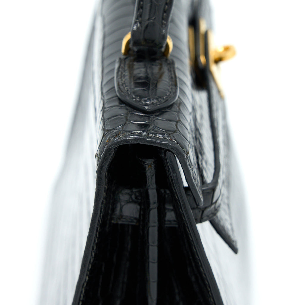 HERMES VINTAGE KELLY 32 SHINY CROCODILE POROSUS BLACK GHW