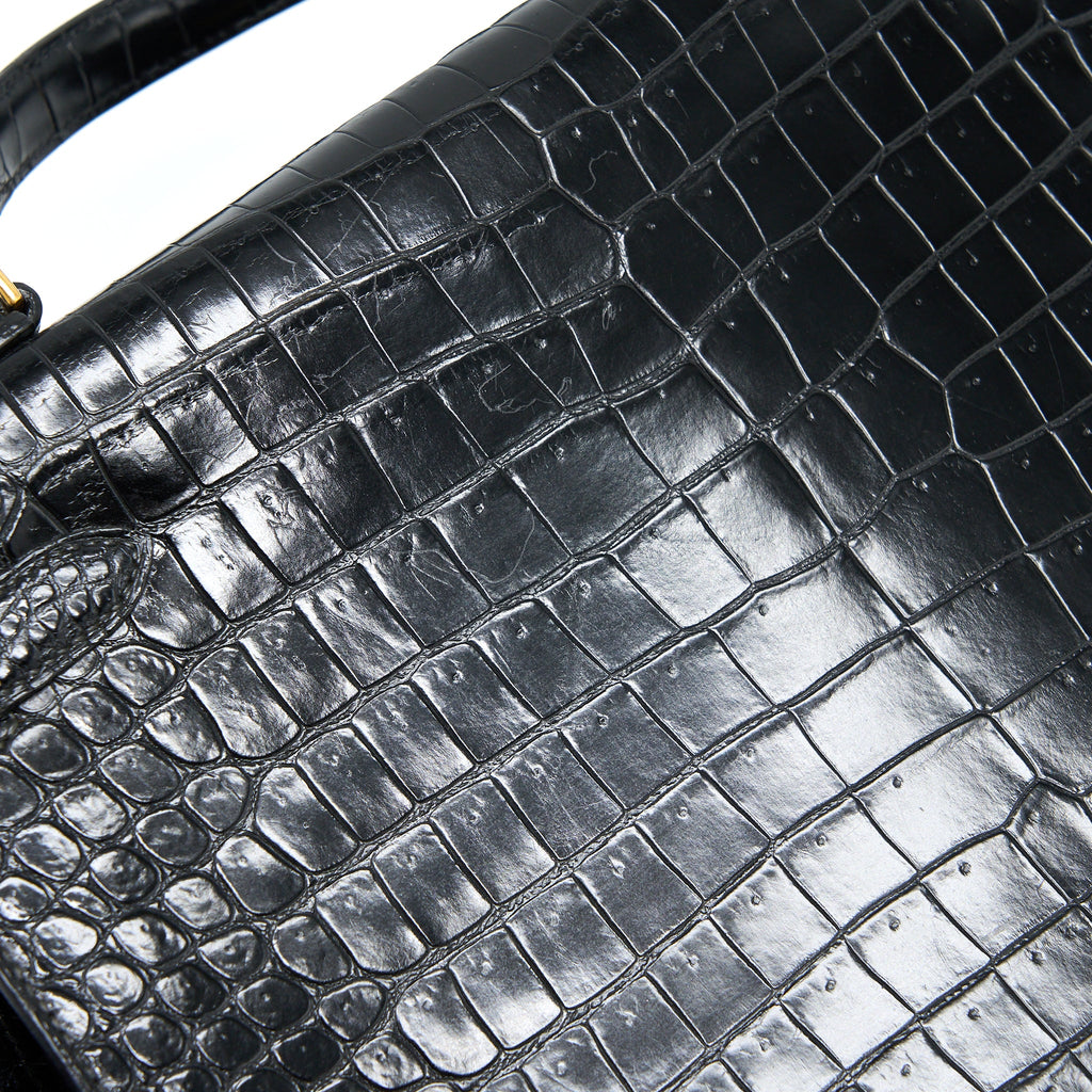 HERMES VINTAGE KELLY 32 SHINY CROCODILE POROSUS BLACK GHW