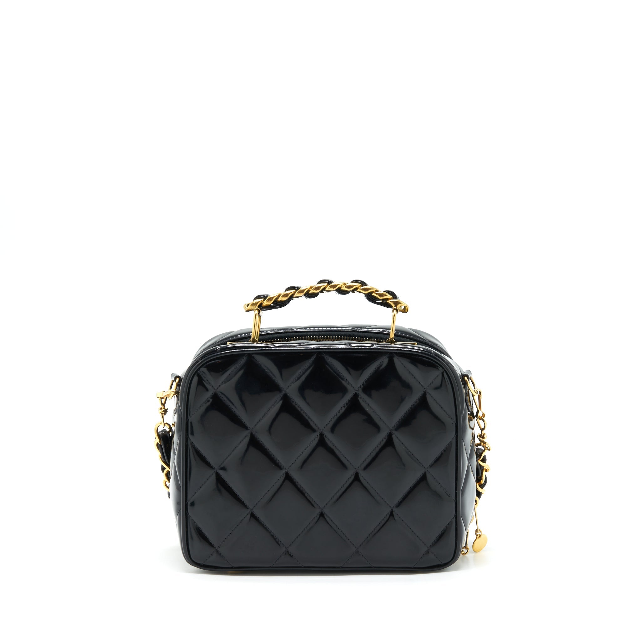 CHANEL VINTAGE TOP HANDLE VANITY CASE PATENT BLACK GHW