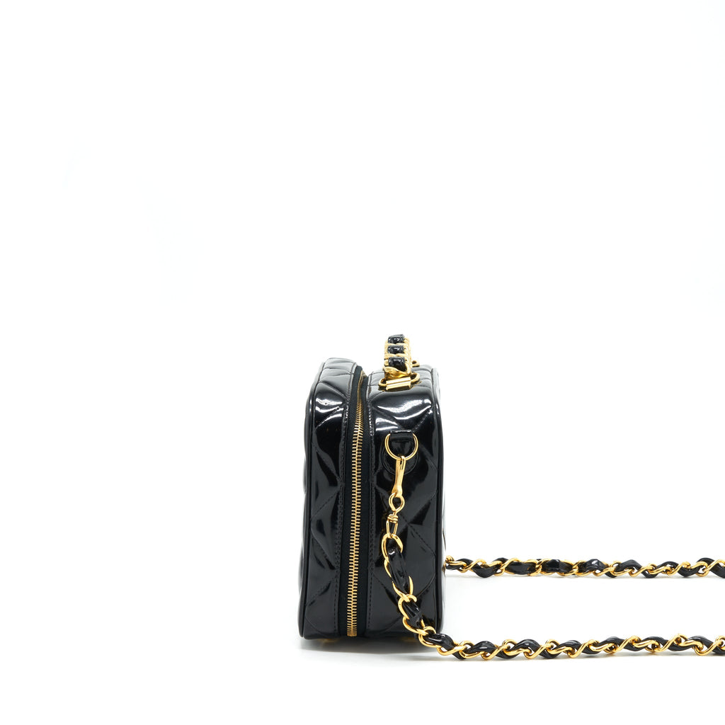 CHANEL VINTAGE TOP HANDLE VANITY CASE PATENT BLACK GHW