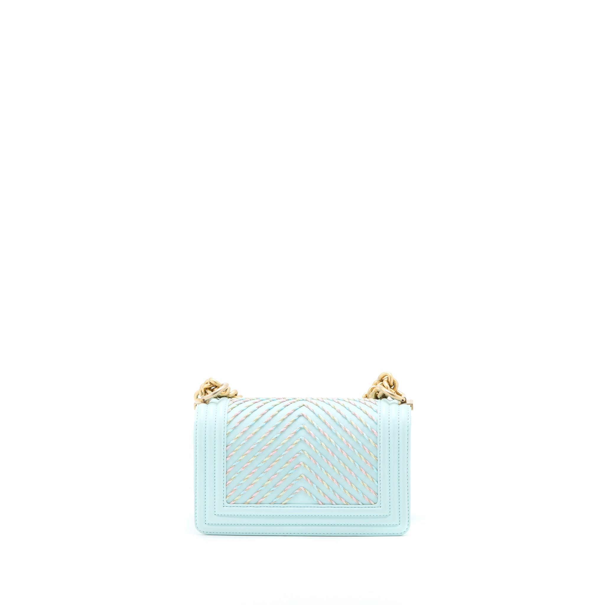 CHANEL SMALL BOY BAG CHEVRON CALFSKIN LIGHT BLUE/MULTICOLOUR BRUSHED GHW