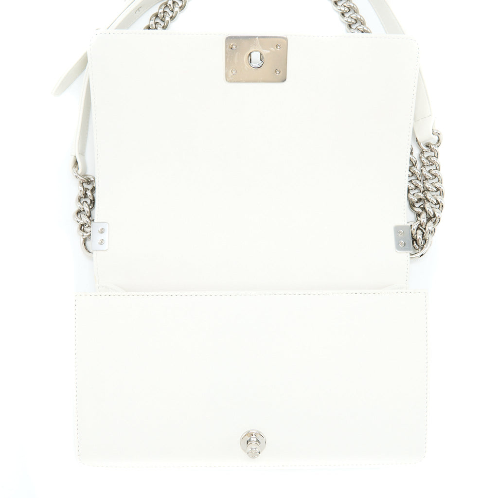 CHANEL MEDIUM BOY BAG CHEVRON LIMITED LAMBSKIN WITH PEARL WHITE SHW