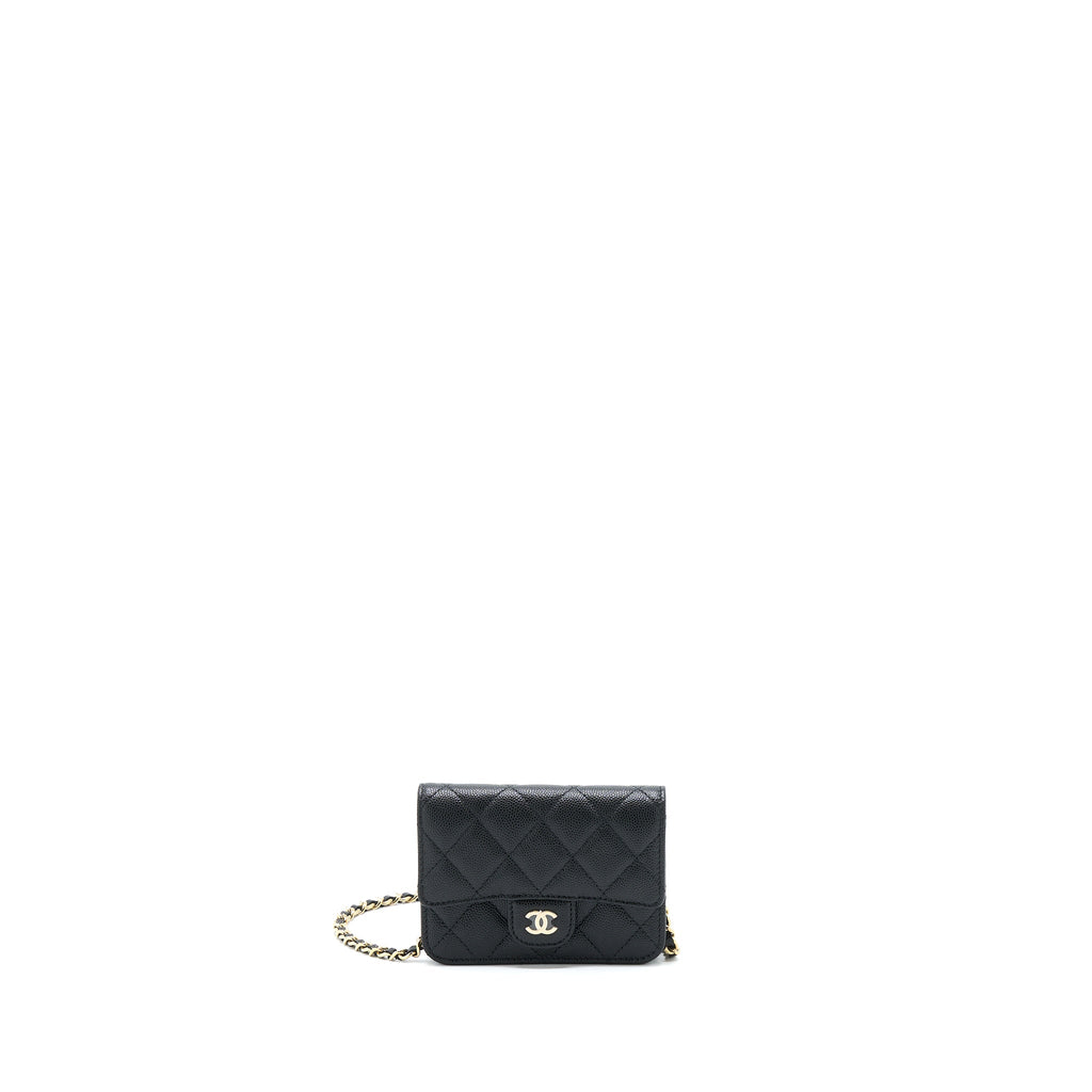 CHANEL MINI FLAP CARD HOLDER WITH CHAIN CAVIAR BLACK LGHW