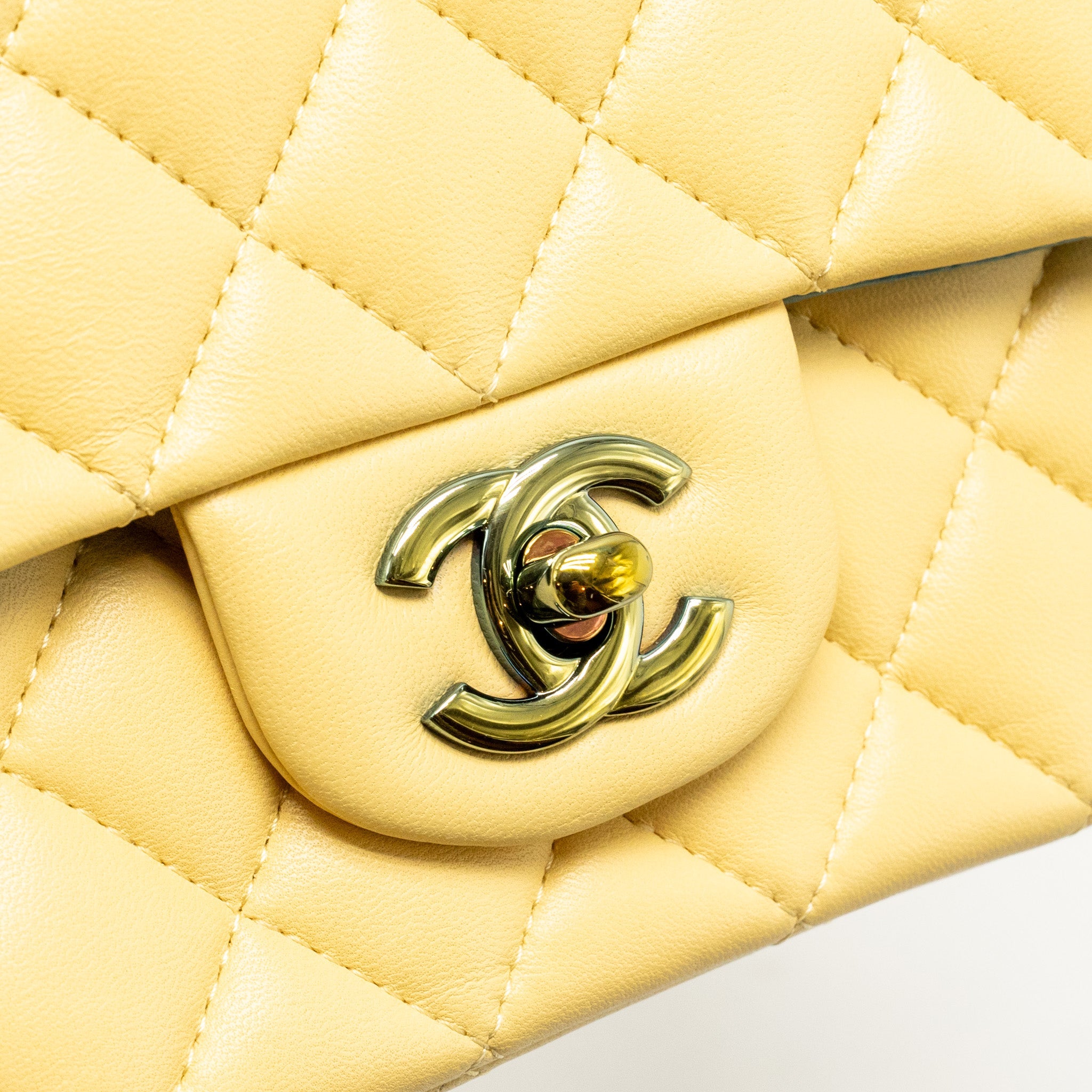 CHANEL MINI RECTANGULAR FLAP BAG LAMBSKIN YELLLOW/BLUE WITH IRIDESCENT BLUE HARDWARE