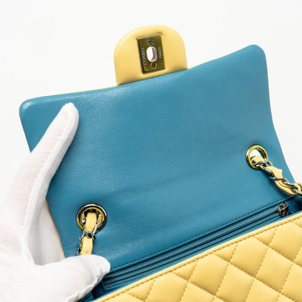 CHANEL MINI RECTANGULAR FLAP BAG LAMBSKIN YELLLOW/BLUE WITH IRIDESCENT BLUE HARDWARE