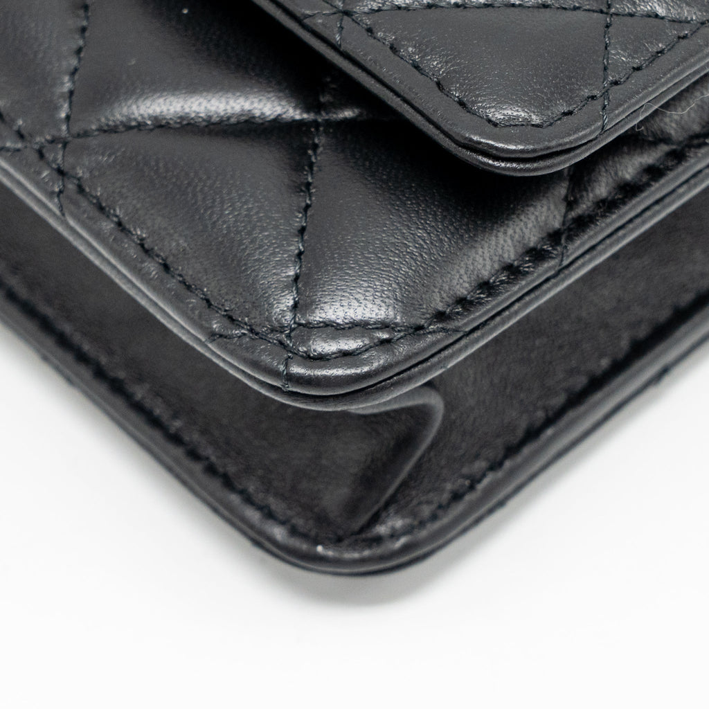 CHANEL PEARL CRUSH WALLET ON CHAIN LAMBSKIN BLACK GHW (MICROCHIP)