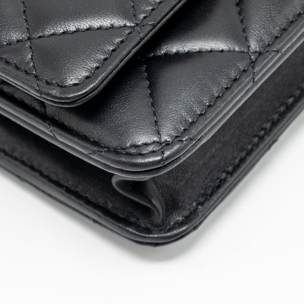CHANEL PEARL CRUSH WALLET ON CHAIN LAMBSKIN BLACK GHW (MICROCHIP)