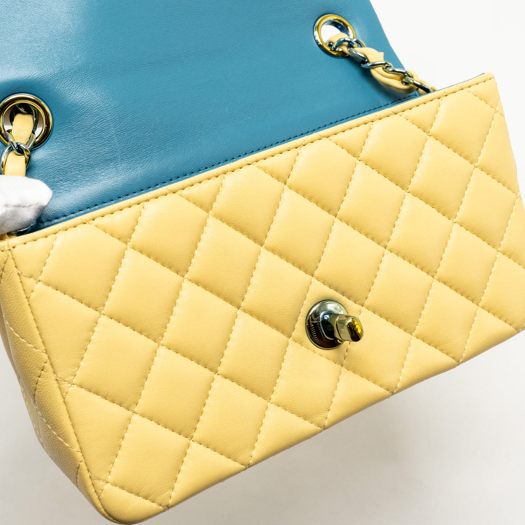 CHANEL MINI RECTANGULAR FLAP BAG LAMBSKIN YELLLOW/BLUE WITH IRIDESCENT BLUE HARDWARE