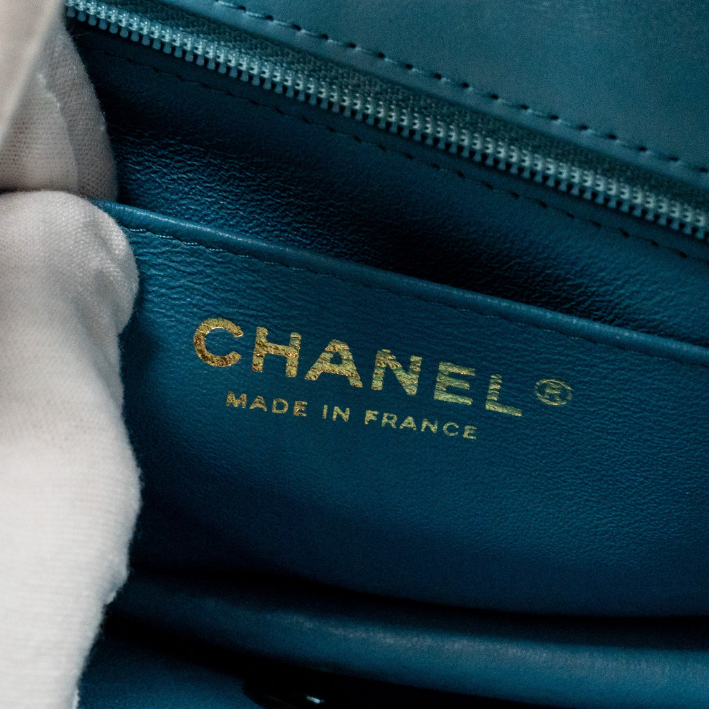 CHANEL MINI RECTANGULAR FLAP BAG LAMBSKIN YELLLOW/BLUE WITH IRIDESCENT BLUE HARDWARE
