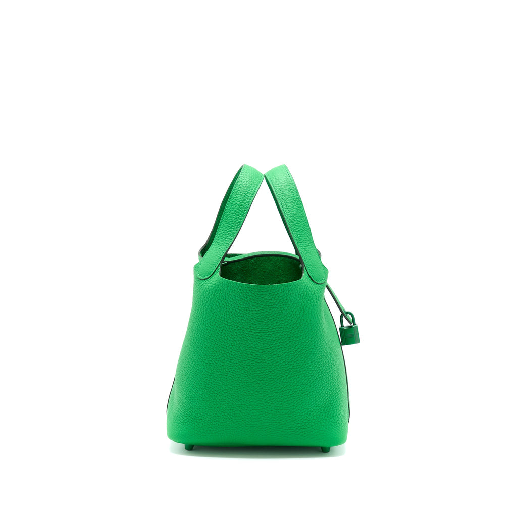 HERMES PICOTIN 18 LOCK BAG CLEMENCE 1K BAMBOU WITH GREEN HARDWARE