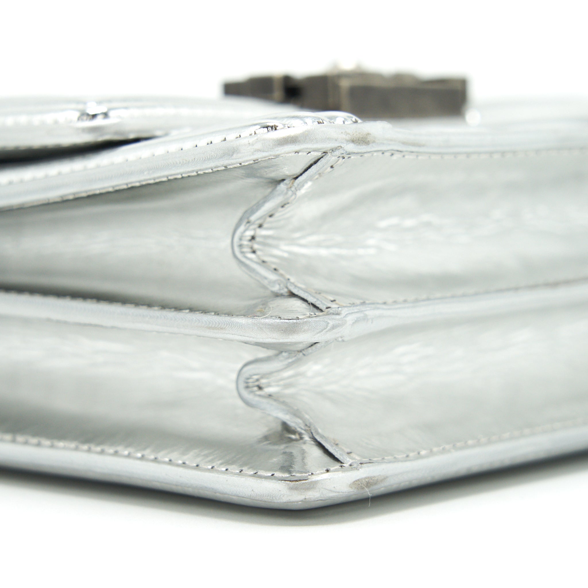CHANEL VERTICAL METALLIC BOY BAG SILVER RUTHENIUM HARDWARE