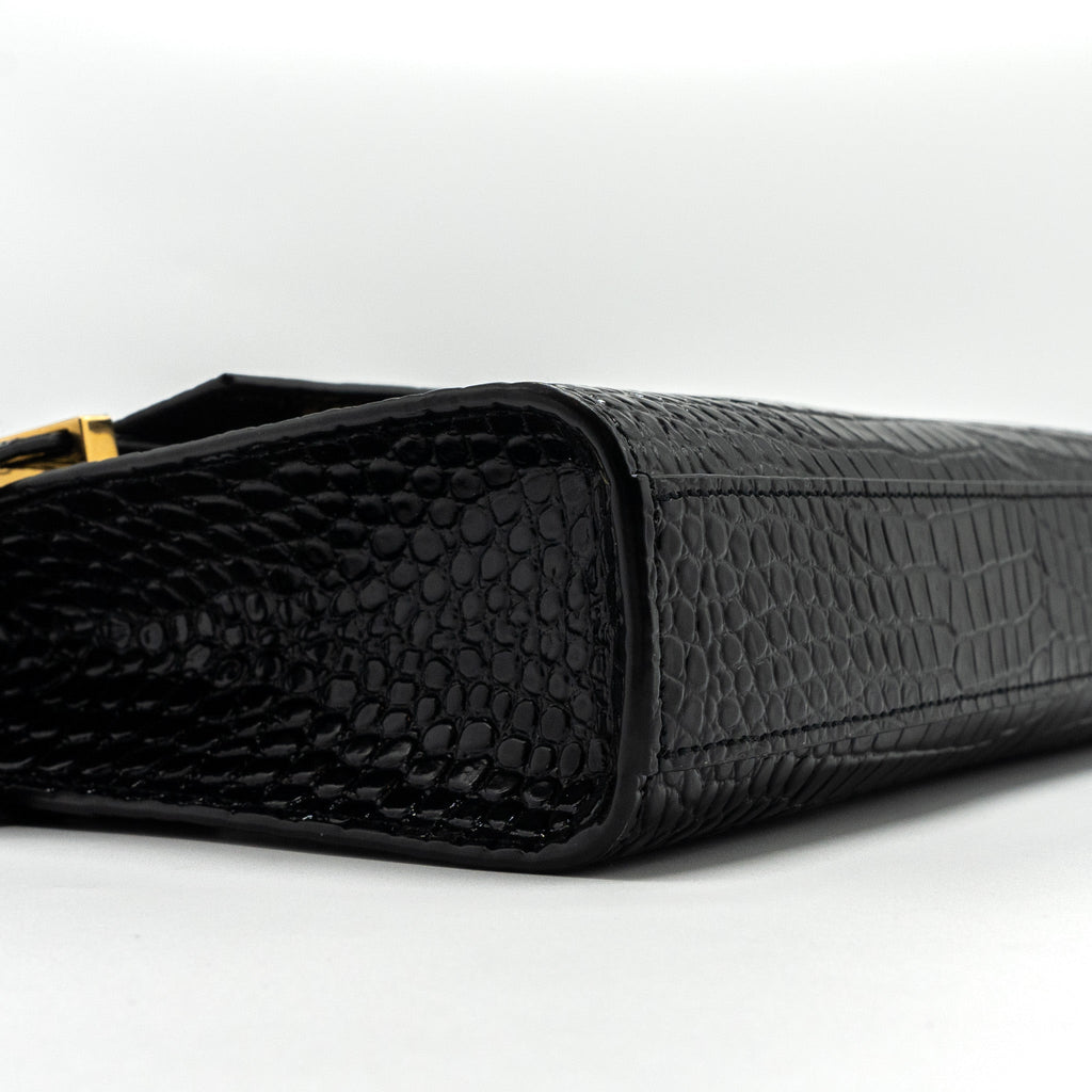 SAINT LAURENT MANHATTAN SHOULDER BAG CROCODILE-EMBOSSED BLACK GHW