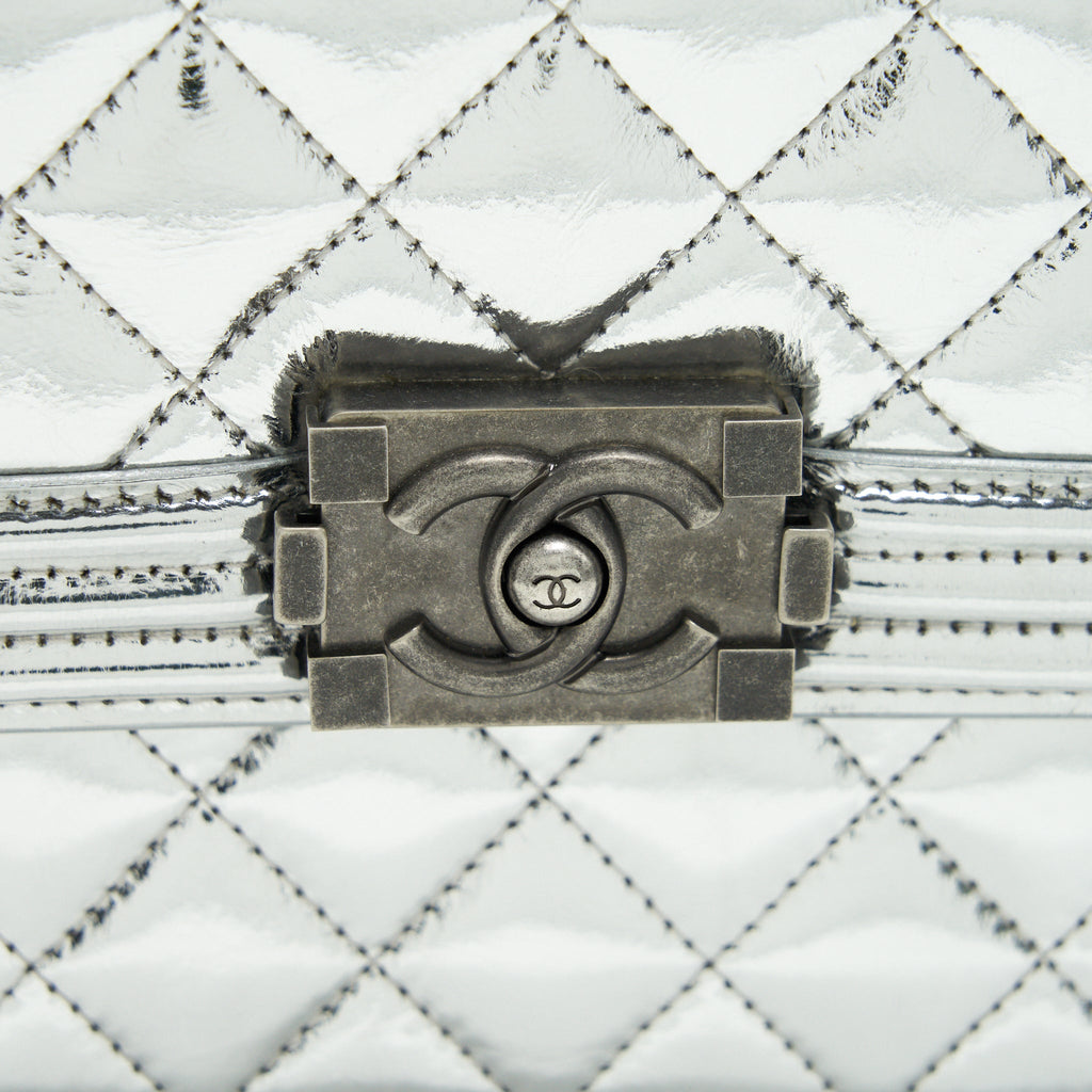 CHANEL VERTICAL METALLIC BOY BAG SILVER RUTHENIUM HARDWARE