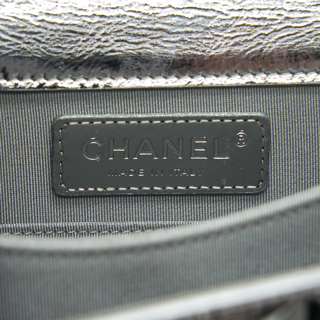 CHANEL VERTICAL METALLIC BOY BAG SILVER RUTHENIUM HARDWARE