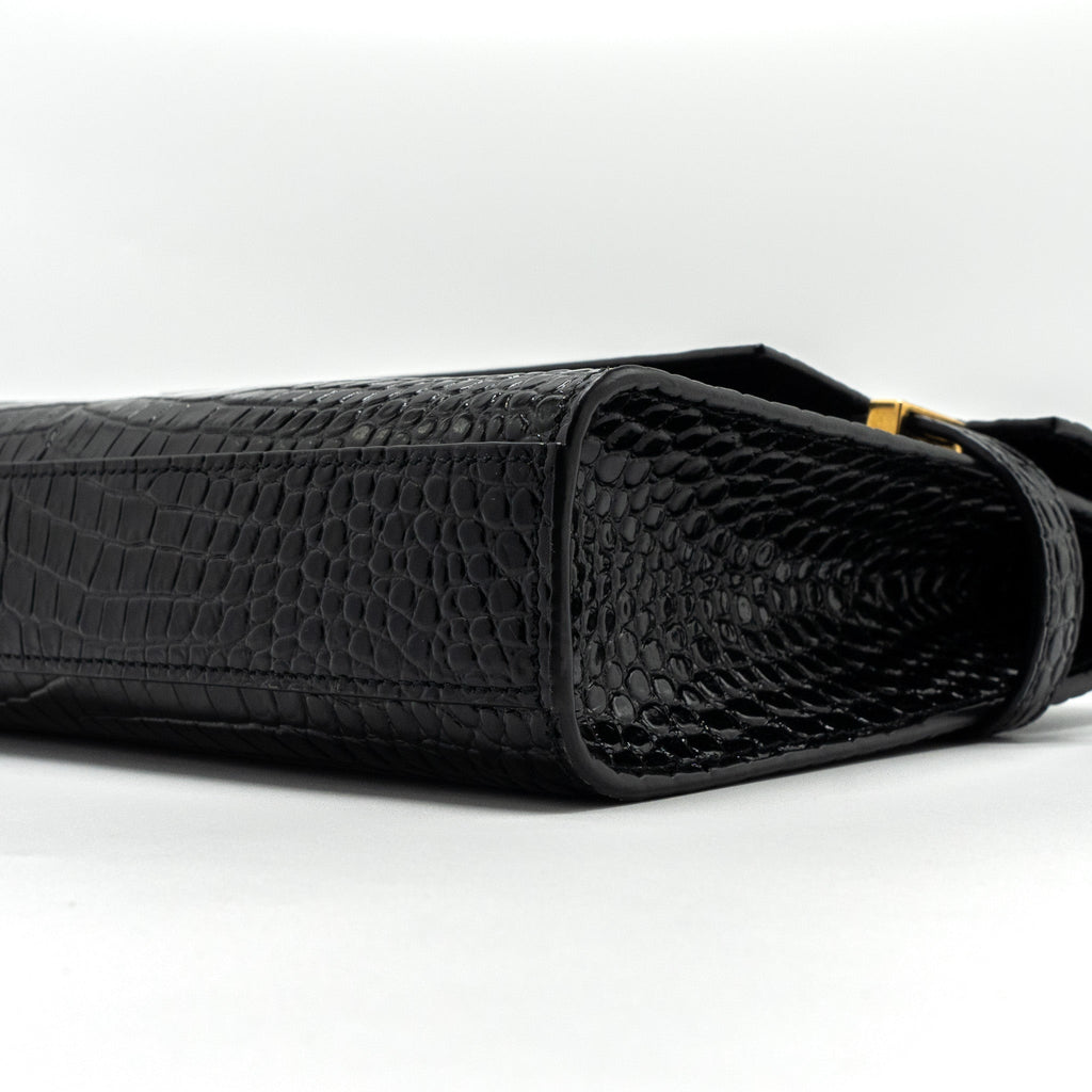 SAINT LAURENT MANHATTAN SHOULDER BAG CROCODILE-EMBOSSED BLACK GHW