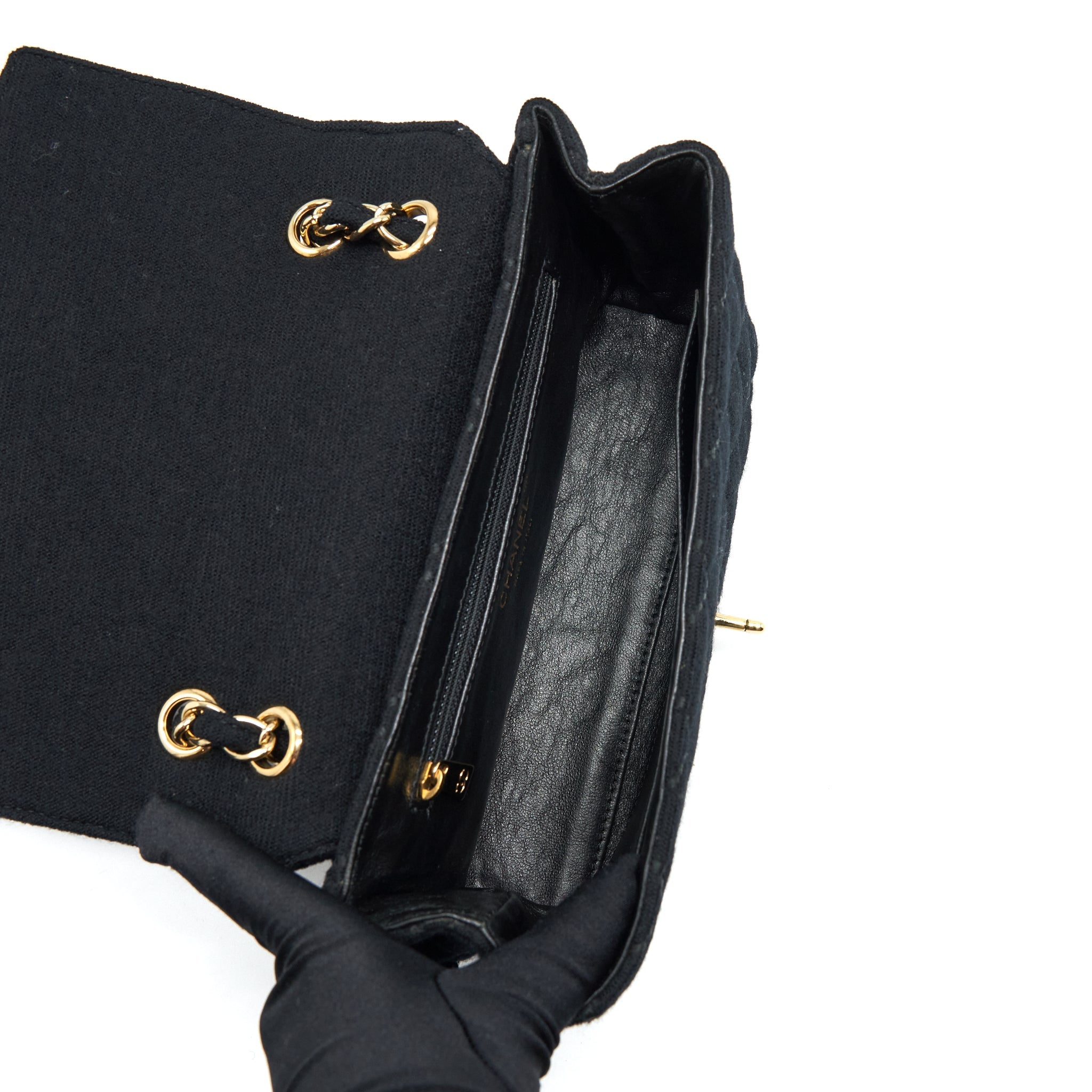 CHANEL VINTAGE SHOULDER BAG FABRIC BLACK GHW WITH AN EXTRA BAG CHARM