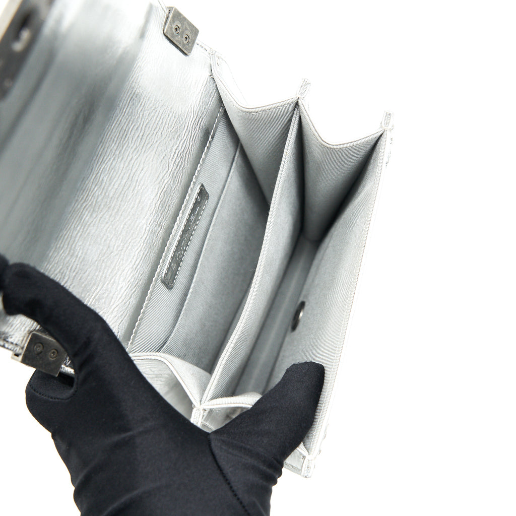CHANEL VERTICAL METALLIC BOY BAG SILVER RUTHENIUM HARDWARE