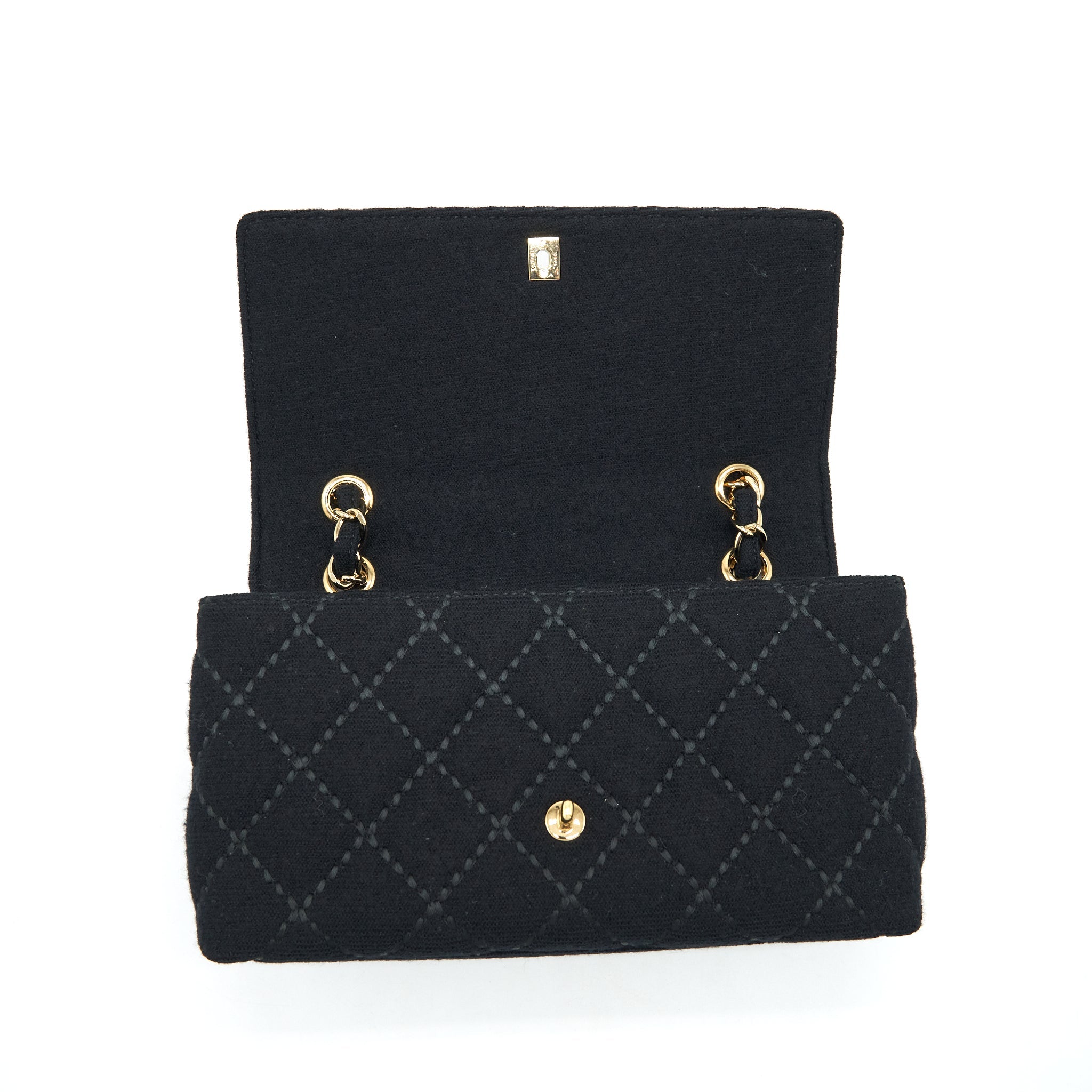 CHANEL VINTAGE SHOULDER BAG FABRIC BLACK GHW WITH AN EXTRA BAG CHARM
