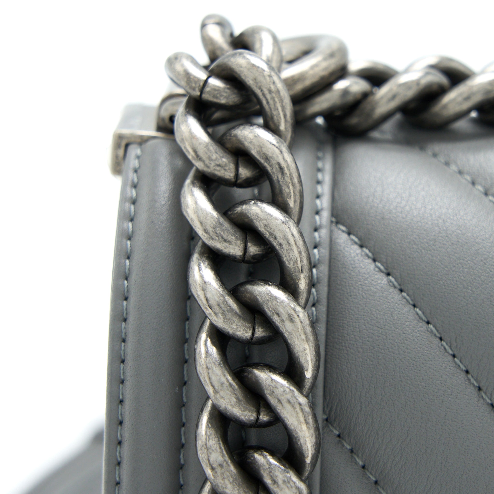 CHANEL SMALL BOY BAG CHEVRON LAMBSKIN GREY RUTHENIUM HARDWARE