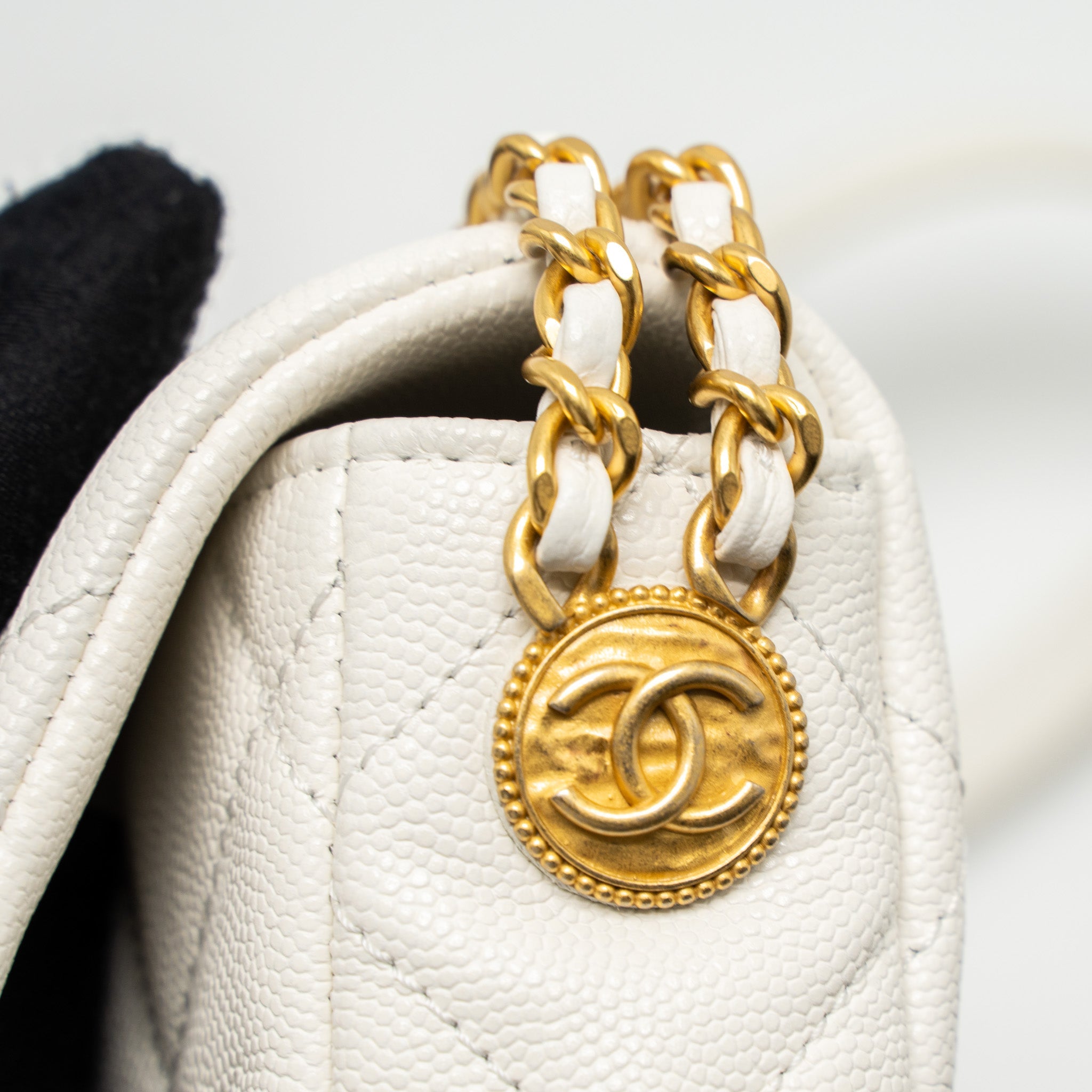 CHANEL 22A SMALL FLAP BAG BUTTON ON CHAIN CAVIAR WHITE BRUSHED GHW (MICROCHIP)
