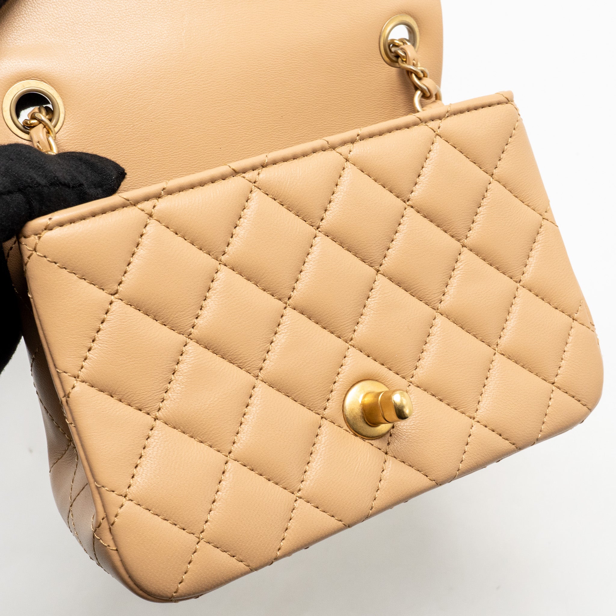 CHANEL PEARL CRUSH MINI SQUARE FLAP BAG LAMBSKIN BEIGE GHW (MICROCHIP)